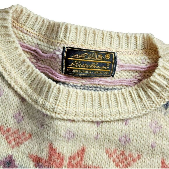 Eddie Bauer Wool Chunky Fair Isle Sweater Beige Made in USA - Picture 2 of 6